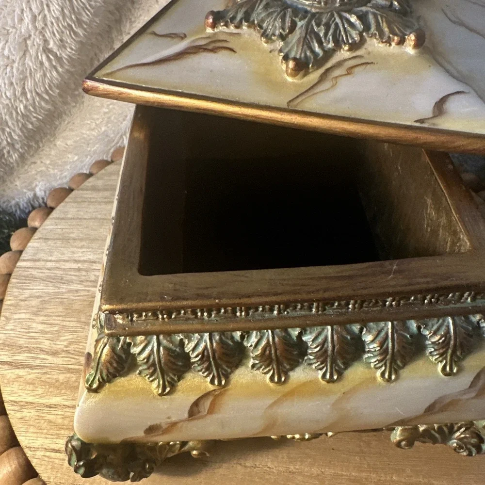 Vintage Red Jeweled Trinket Box Bone Brass Striated Black Velvet Liner Footed